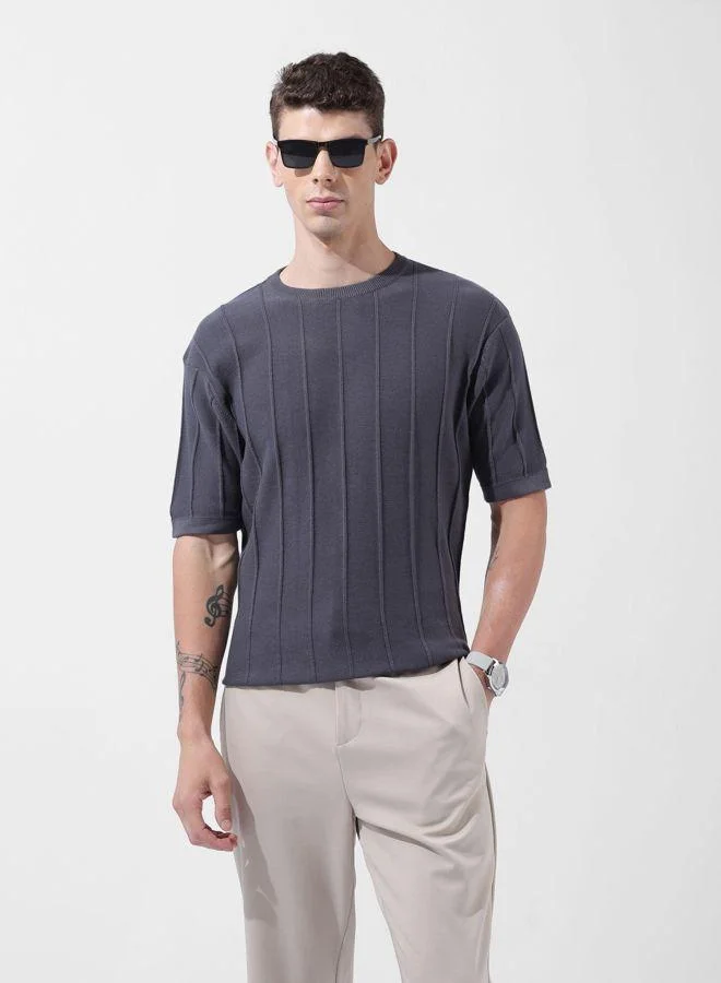 The Indian Garage Co Men Oversized Fit Textured Crew Neck Half Sleeves T-Shirt