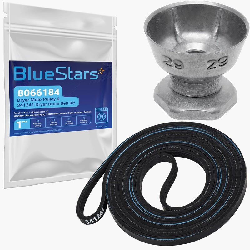 BlueStars 8066184 Dryer Motor Pulley & 341241 Dryer Drum Belt Kit Replacement - Exact Fit for Whirlpool Maytag Kenmore Dryers - Replaces PS11744884 AP2946843 - Image 1