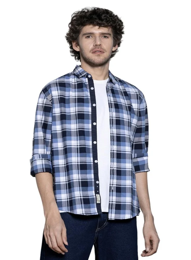Dennis Lingo Regular Fit Navy Shirt For Men Oxford Check Fabric Spread Collar Full Sleeves Casual Look