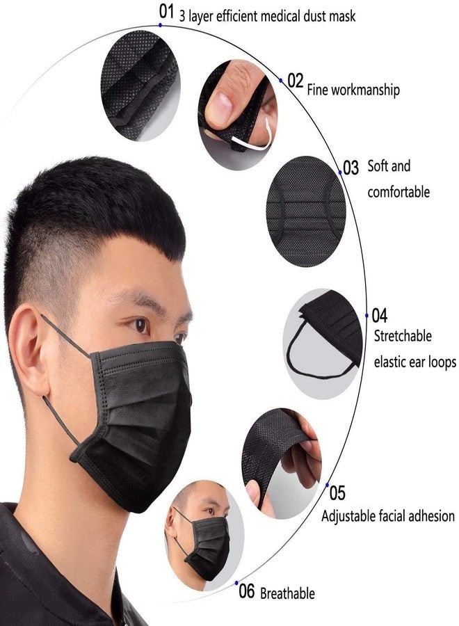 GreatDio® Disposable Face Masks, 3 Ply Breathable Face Masks with Comfortable Elastic Ear Loop With Nose Pin For Adults Men Women Teens 50 Pcs Set (Black) - Image 2
