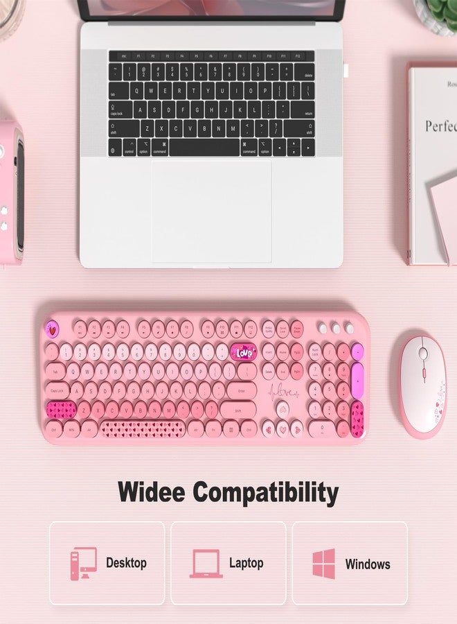 MOWUX Wireless Keyboard and Mouse Combo, Full Size Typewriter Retro Round Computer Keyboard, Cute Optical Mouse Wireless, Plug and Play, for Laptop, PC, Computer- Pink Heart - Image 3