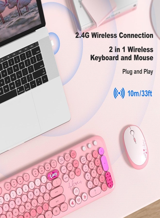 MOWUX Wireless Keyboard and Mouse Combo, Full Size Typewriter Retro Round Computer Keyboard, Cute Optical Mouse Wireless, Plug and Play, for Laptop, PC, Computer- Pink Heart - Image 2