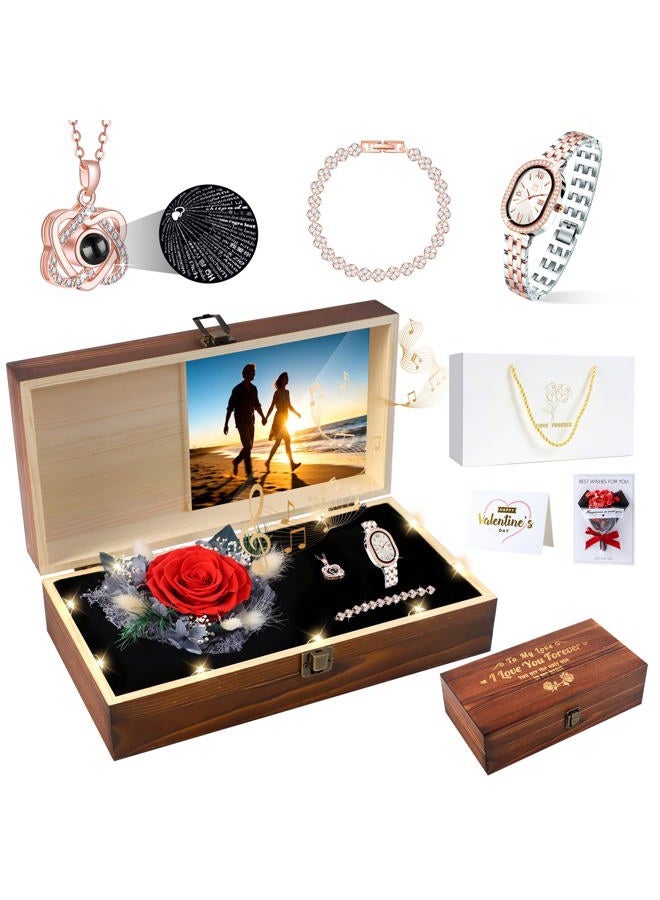 Pasuvsigt Preserved Real Roses with I Love You 100-Language Necklace, LED Music & Lights Romantic Wooden Handmade Birthday Gift for Her Wife Girlfriend Women on Birthday Anniversary Xmas-1 red Rose - Image 1