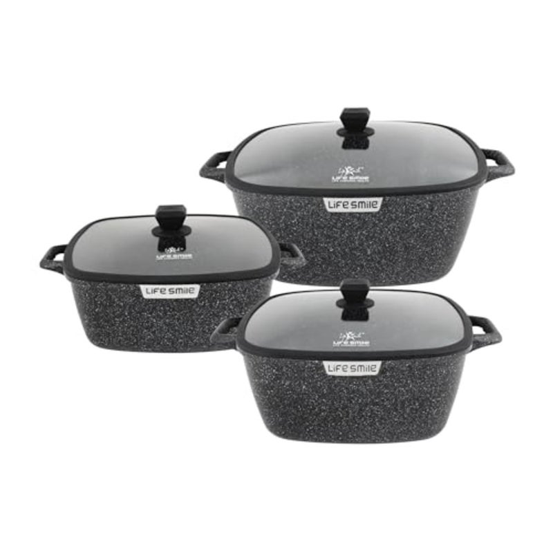 Soup Pot Set for home cooking, granite nonstick coating, black color, scratch-resistant and induction compatible with silicone-rimmed glass lids - Image 1