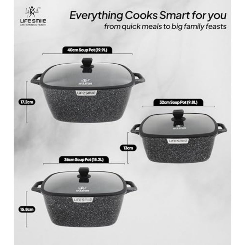 Soup Pot Set for home cooking, granite nonstick coating, black color, scratch-resistant and induction compatible with silicone-rimmed glass lids - Image 3