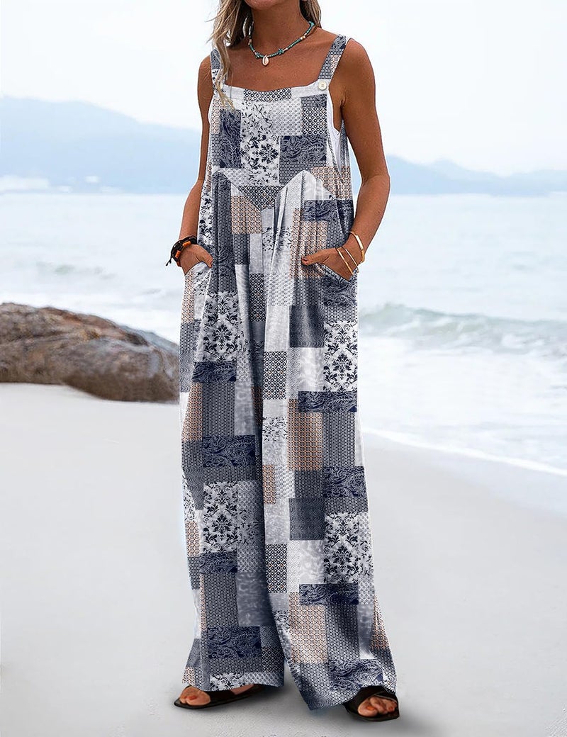 YESNO Women's Summer Casual Overalls Loose Wide Leg Jumpsuits Boho Floral Printed Baggy Rompers with Pockets M PZH CR260 - Image 3
