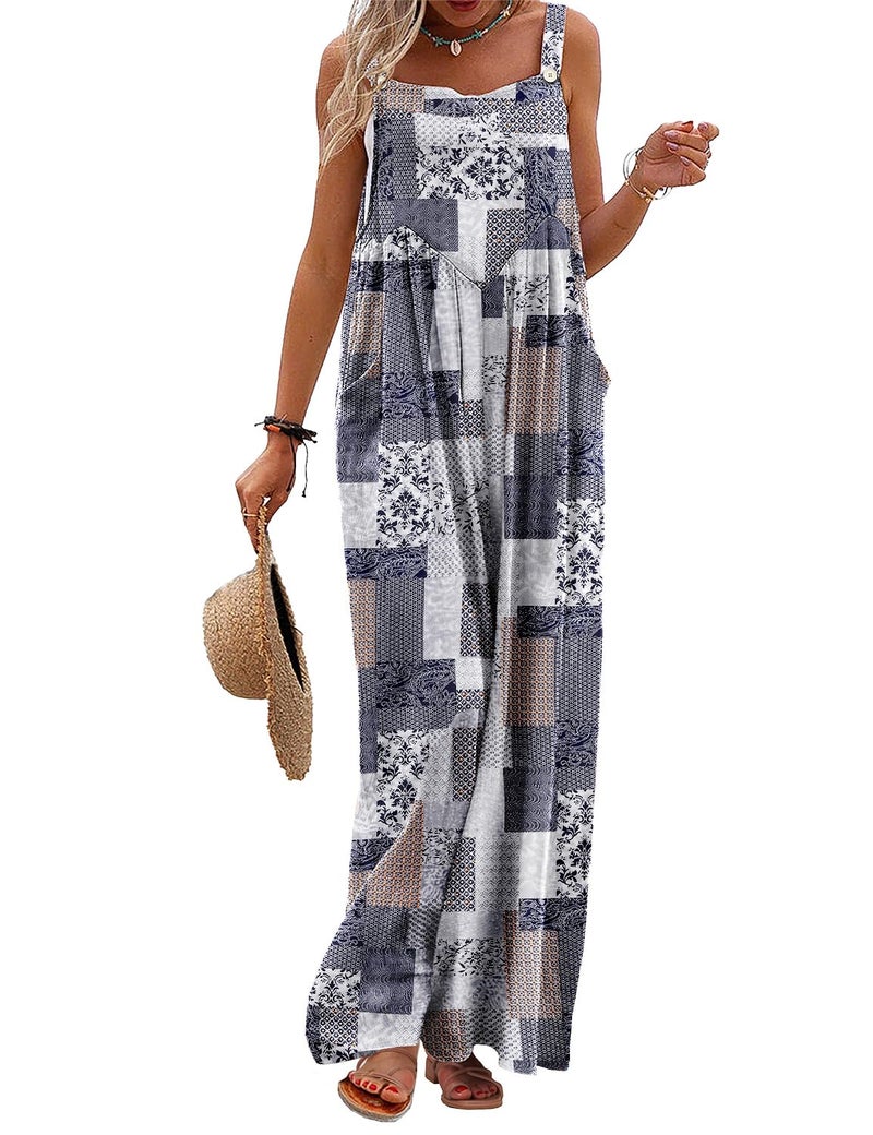YESNO Women's Summer Casual Overalls Loose Wide Leg Jumpsuits Boho Floral Printed Baggy Rompers with Pockets M PZH CR260 - Image 1