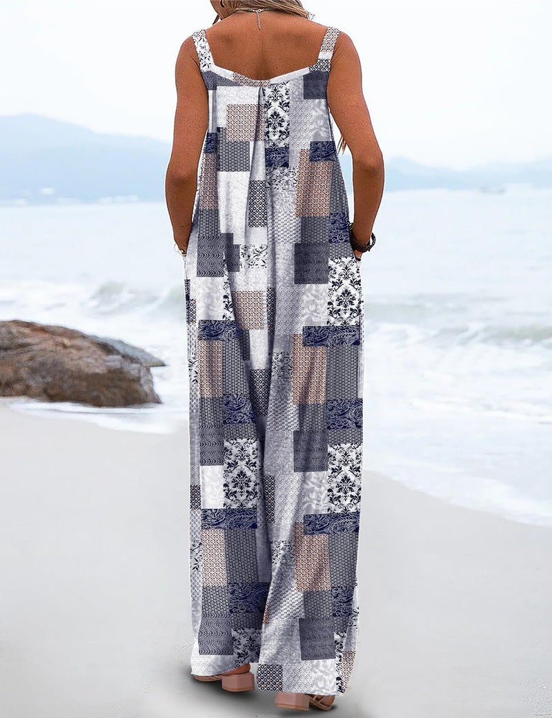 YESNO Women's Summer Casual Overalls Loose Wide Leg Jumpsuits Boho Floral Printed Baggy Rompers with Pockets M PZH CR260 - Image 4