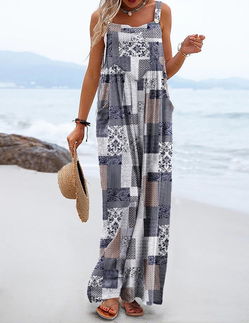 YESNO Women's Summer Casual Overalls Loose Wide Leg Jumpsuits Boho Floral Printed Baggy Rompers with Pockets M PZH CR260 - Image 2