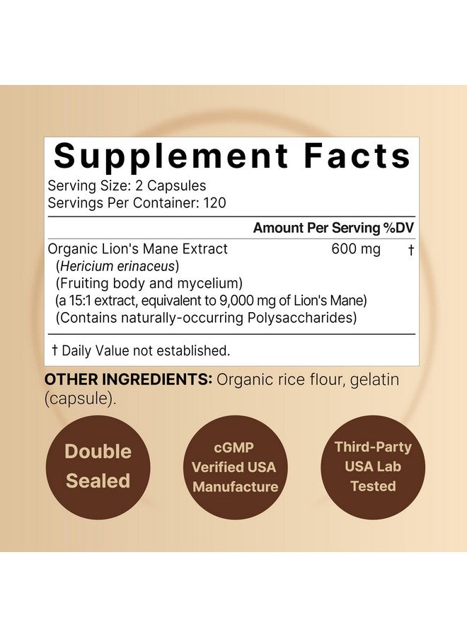 نايتشر بيل كبسولات مكمل غذائي من فطر عرف الأسد، 9000 ملغ، 240 كبسولة | تكفي لمدة 120 يومًا - مصنوعة من مستخلص مسحوق عرف الأسد العضوي - معزز للإدراك الذهني، ومنشط للذاكرة، ومدعم لصحة المناعة - خالية من الكائنات المعدلة وراثيًا - Image 2