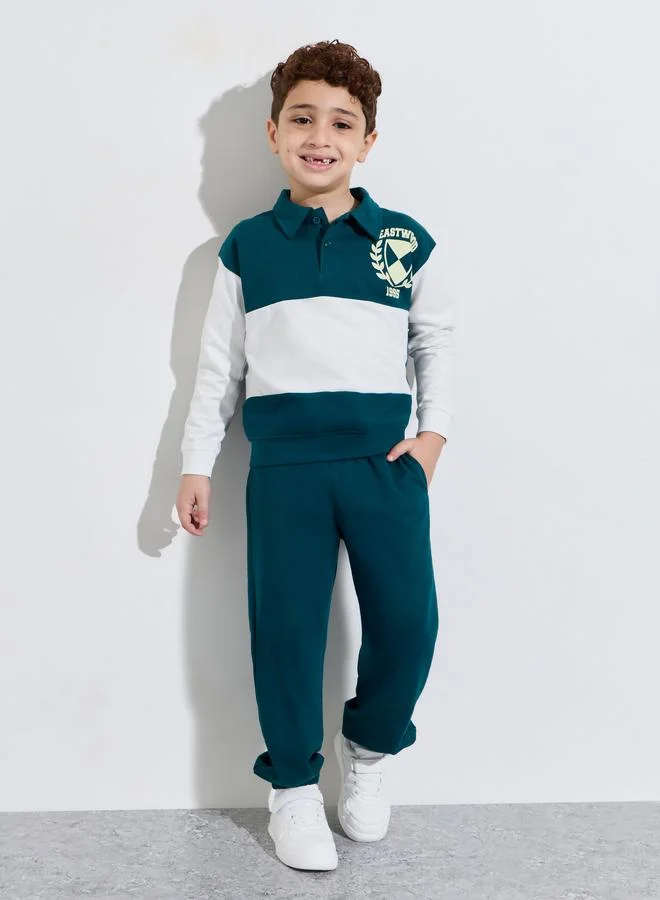 Styli Boys Placement Print Regular Fit Polo Collar Sweatshirt and Joggers Set