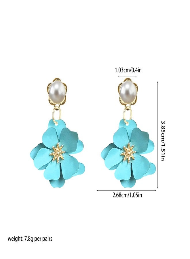 Anmpab Gold Pearl Flower Stud Earrings for Women Gold Floral Pearl Studs Minimalist Dainty Pearl Earrings Valentine Day Birthday (Sky Blue) - Image 4