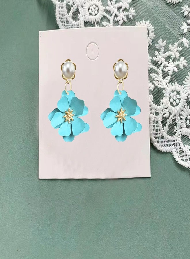Anmpab Gold Pearl Flower Stud Earrings for Women Gold Floral Pearl Studs Minimalist Dainty Pearl Earrings Valentine Day Birthday (Sky Blue) - Image 5