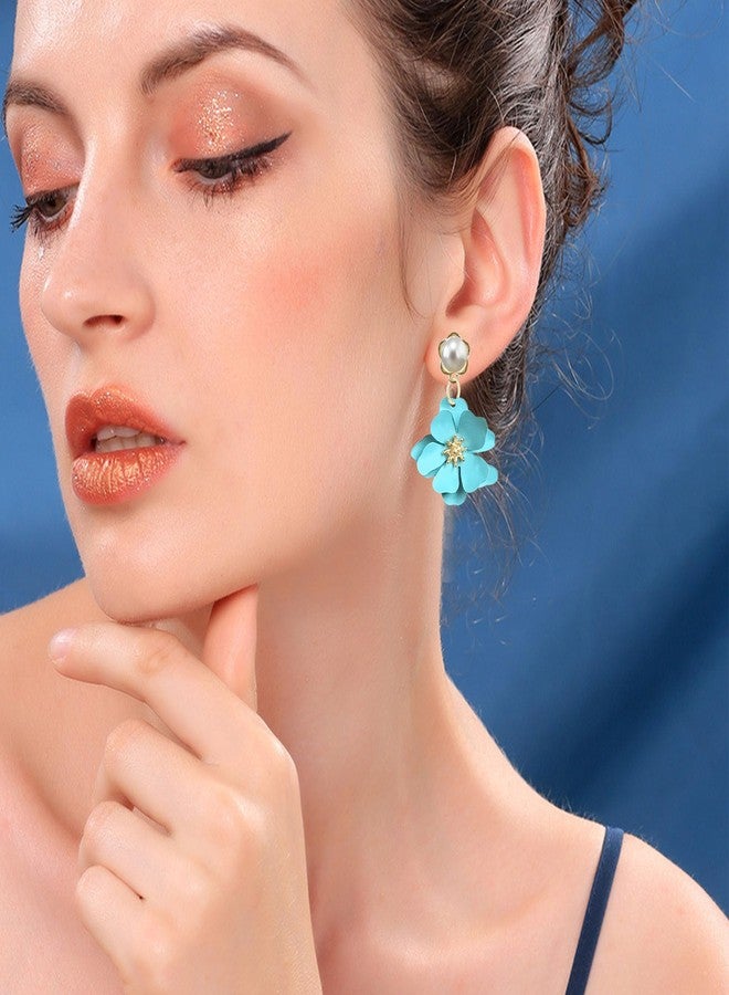 Anmpab Gold Pearl Flower Stud Earrings for Women Gold Floral Pearl Studs Minimalist Dainty Pearl Earrings Valentine Day Birthday (Sky Blue) - Image 2