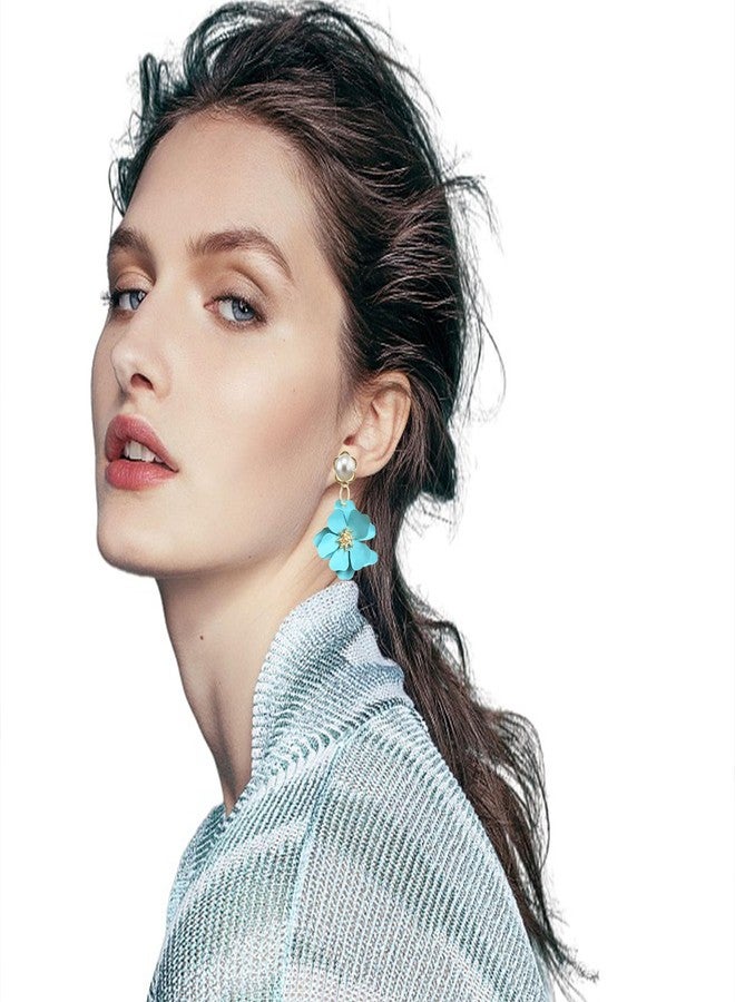 Anmpab Gold Pearl Flower Stud Earrings for Women Gold Floral Pearl Studs Minimalist Dainty Pearl Earrings Valentine Day Birthday (Sky Blue) - Image 3