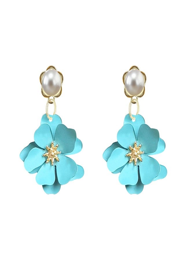 Anmpab Gold Pearl Flower Stud Earrings for Women Gold Floral Pearl Studs Minimalist Dainty Pearl Earrings Valentine Day Birthday (Sky Blue) - Image 1