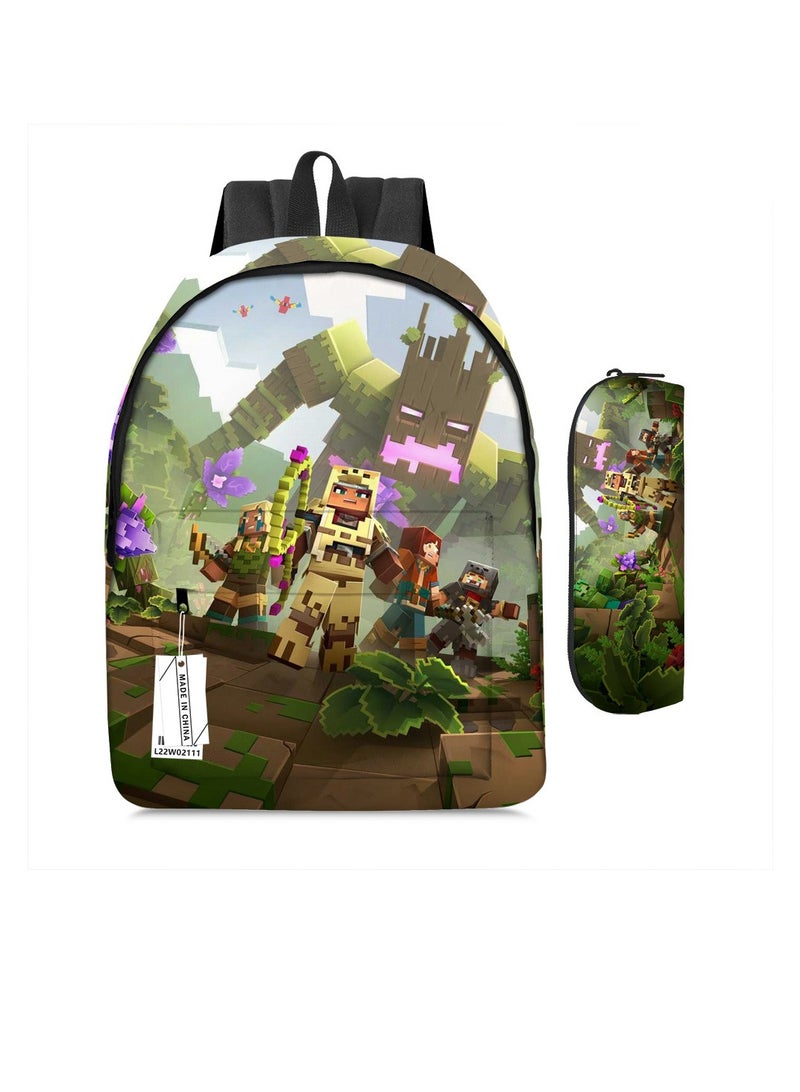 general My World Minecraft Full Print Casual Large Capacity School Bag Pencil Bag Two-piece Set