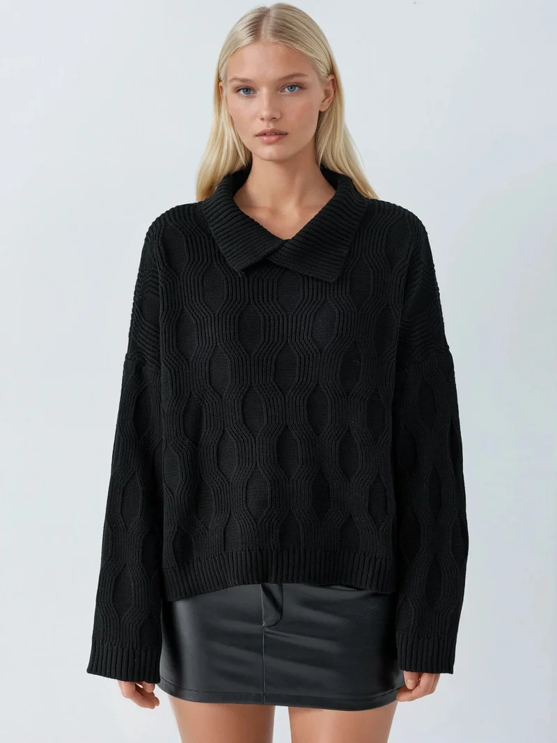 My Fashion Black MY FASHION Patterned Knit Sweater with Collar Detail for Women | Best Price UAE