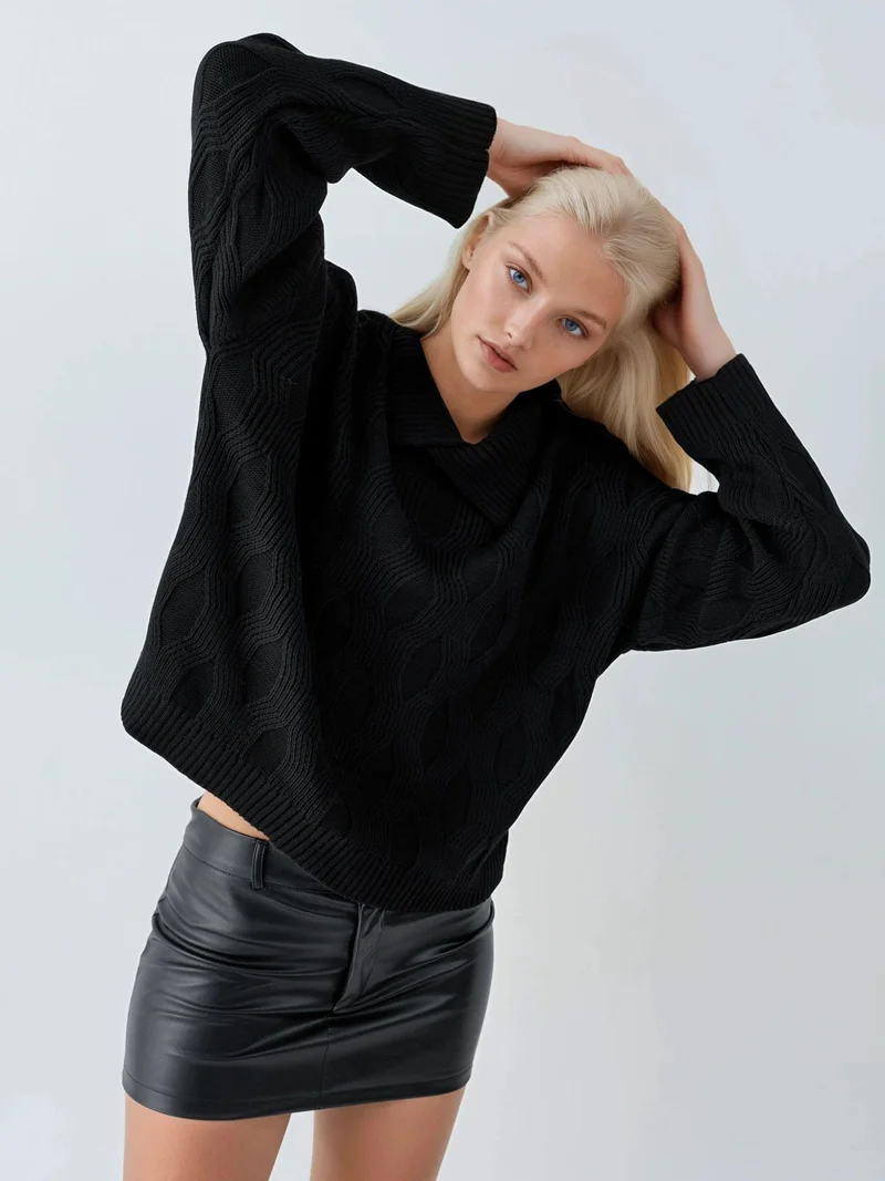 My Fashion Black MY FASHION Patterned Knit Sweater with Collar Detail for Women | Best Price UAE