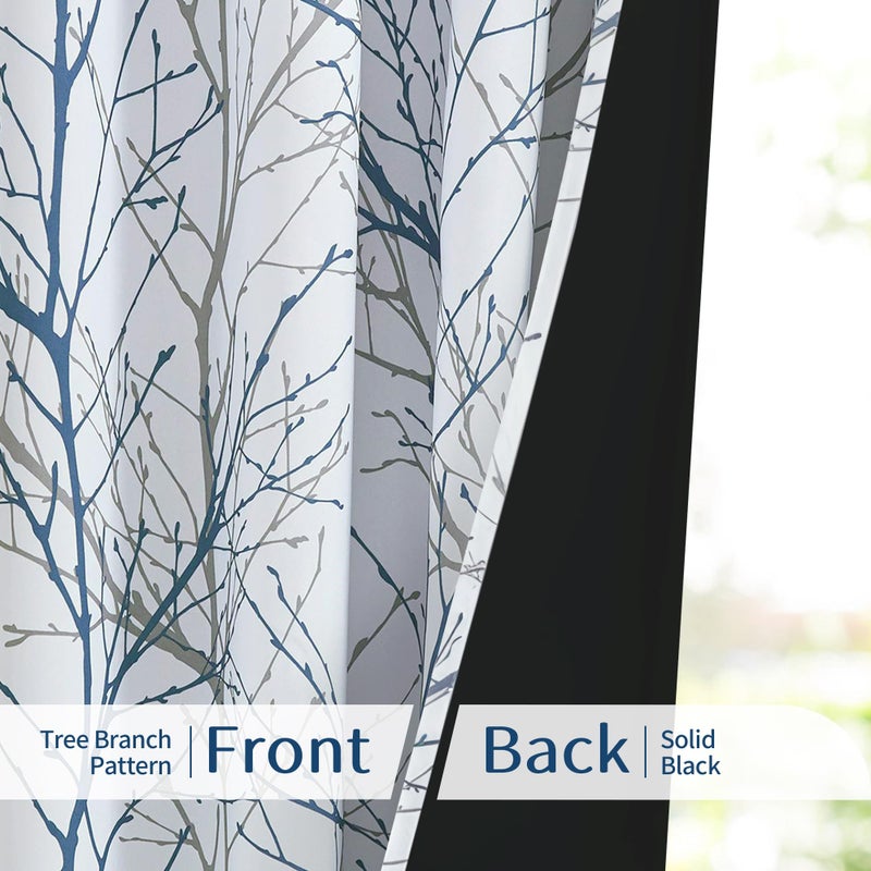 FMFUNCTEX 100% Blackout Patio Sliding Glass Door Curtains 84 Inch Long for Bedroom, Blue Grey on White Tree Branch Patterned Drapes for Living Room Divider, Extra Wide Thermal Insulated Panels - Image 4