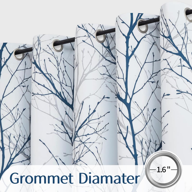FMFUNCTEX 100% Blackout Patio Sliding Glass Door Curtains 84 Inch Long for Bedroom, Blue Grey on White Tree Branch Patterned Drapes for Living Room Divider, Extra Wide Thermal Insulated Panels - Image 2