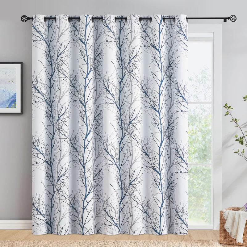 FMFUNCTEX 100% Blackout Patio Sliding Glass Door Curtains 84 Inch Long for Bedroom, Blue Grey on White Tree Branch Patterned Drapes for Living Room Divider, Extra Wide Thermal Insulated Panels - Image 1