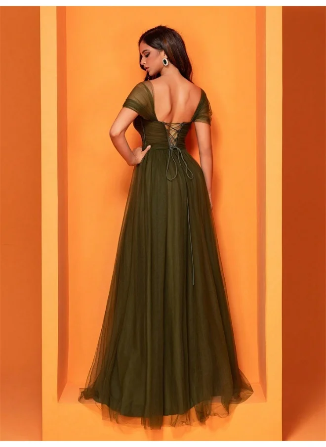 Madam Uniq New European and American Style Green Short Sleeve Split Chiffon Dress