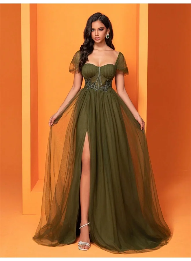 Madam Uniq New European and American Style Green Short Sleeve Split Chiffon Dress