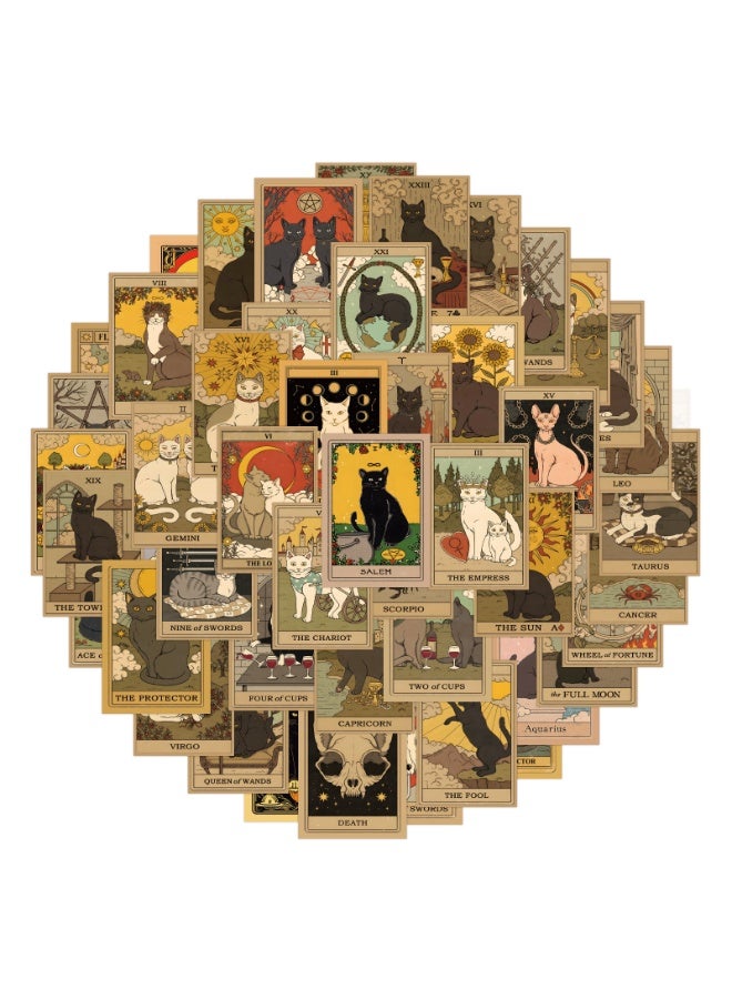 NIBEMINENT 55 قطعة مجموعة ديكور تاروت القطط ملصقات مقاومة للماء، طباعة عالية الدقة بألوان زاهية، مناسبة للكمبيوتر المحمول، لوح التزلج، الأمتعة، زجاجة الماء، جيتار، DIY - Image 1