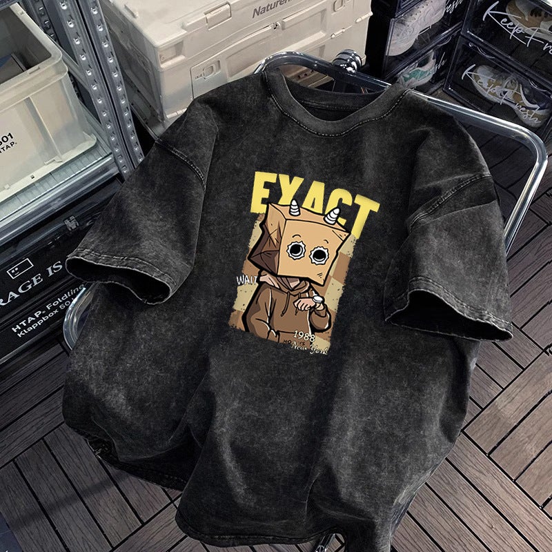 Hip-hop Style Washed Distressed Heavy-weight Short-sleeved T-shirt Men's and Women's Summer oversize Retro Fashion Brand Loose Lazy Sense - Image 1