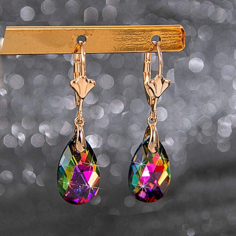 EVEVIC Austrian Crystal Teardrop Leverback Dangle Earrings for Women Fashion 14K Gold Plated Hypoallergenic Jewelry (Vitrail Medium) - Image 3