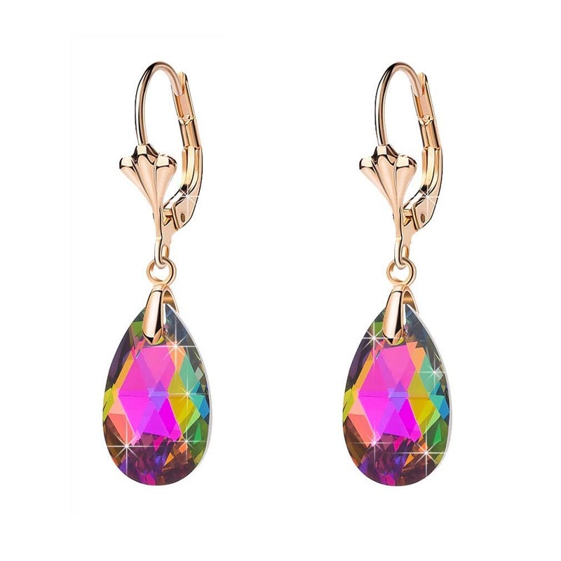 EVEVIC Austrian Crystal Teardrop Leverback Dangle Earrings for Women Fashion 14K Gold Plated Hypoallergenic Jewelry (Vitrail Medium) - Image 1