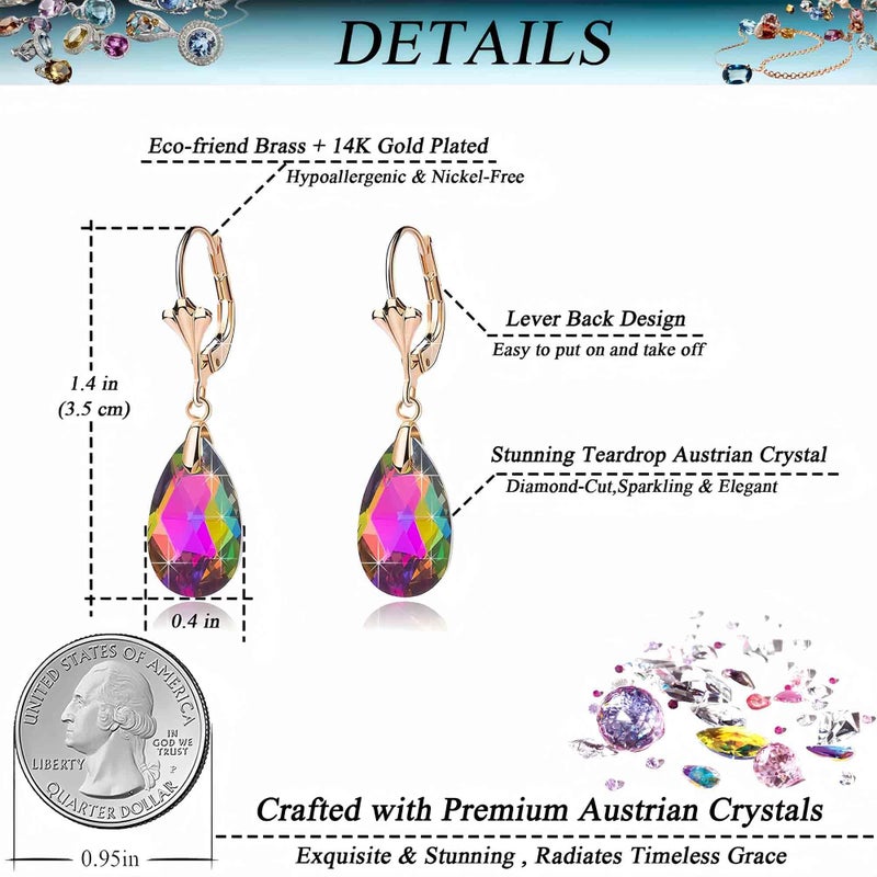 EVEVIC Austrian Crystal Teardrop Leverback Dangle Earrings for Women Fashion 14K Gold Plated Hypoallergenic Jewelry (Vitrail Medium) - Image 4