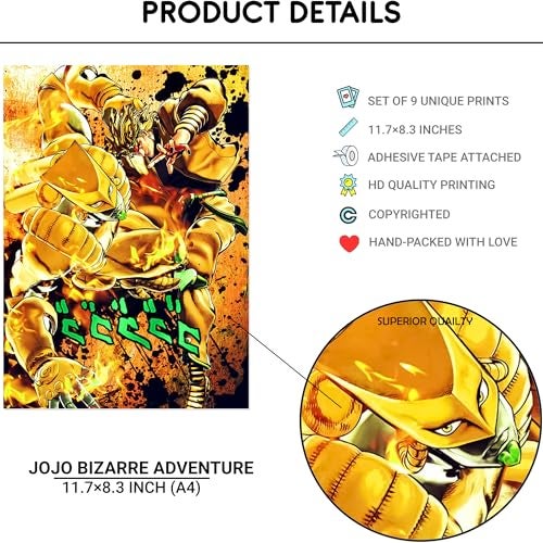 Thepaper9store Paper9store Pack of 9 - Anime Posters self-Adhesive Anime Wall Poster for Room, Size A4 Self-Adhesive 300 GSM Thick matt Poster (JoJo Bizarre Adventure) - Image 4