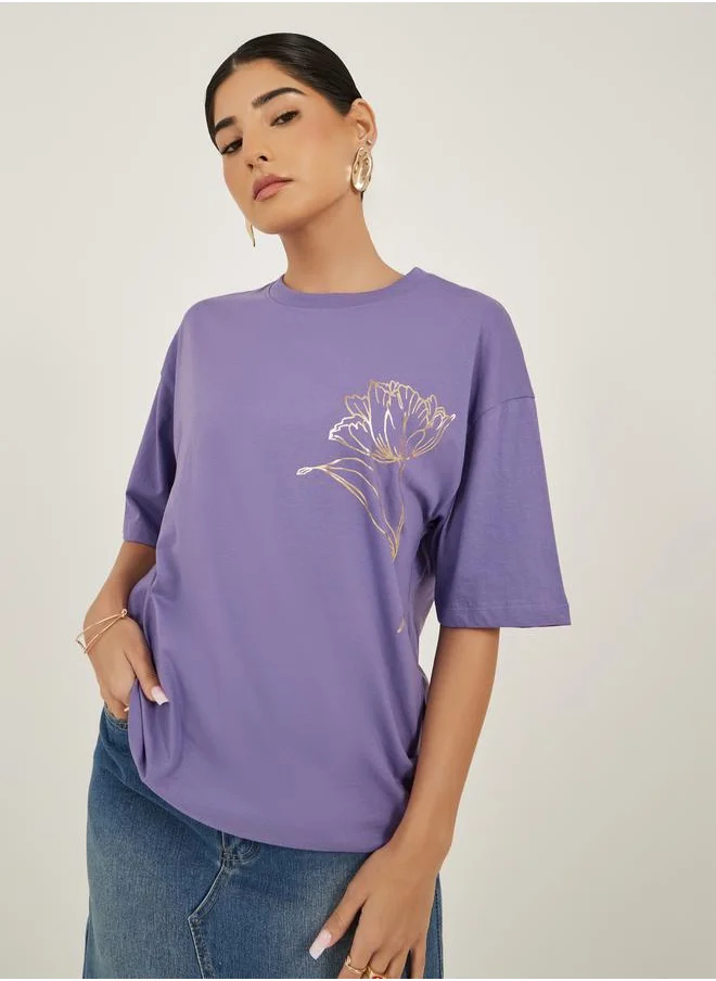 ستايلي Graphic Print Oversized Round Neck T-Shirt