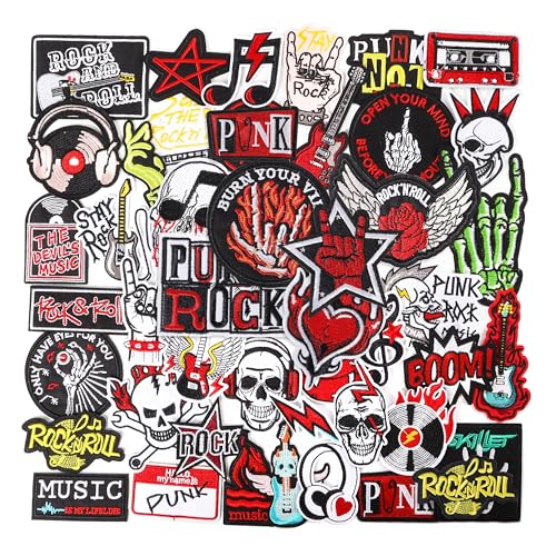 Meneng Iron On Rock Band Patches for Clothing: Meneng 45Pcs Assorted Cool Punk Embroidered Patch for DIY Crafts - Vintage Skull Metal Music Sew On Appliques for Jackets Vests Hats Backpacks Shirts - Image 1