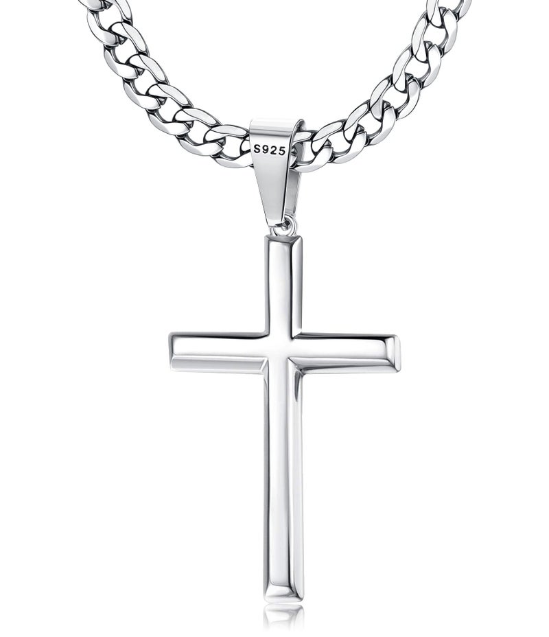 Besteel 925 Sterling Silver Cross Necklace Beveled Edge for Men Women 5mm Stainless Steel Cut Durable Cuban Link Curb Chain Crucifix Pendant Necklace Jewelry 22 Inches - Image 1