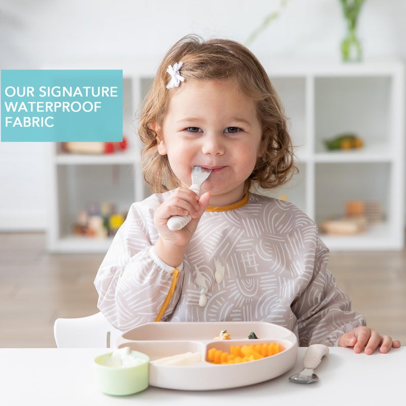 Bumkins Sleeved Bib for Girl or Boy, Baby and Toddler for 6-24 Mos, Essential Must Have for Eating, Feeding, Baby Led Weaning Supplies, Long Sleeve Mess Saving Food Catcher, Soft Fabric, Boho Beige - Image 3