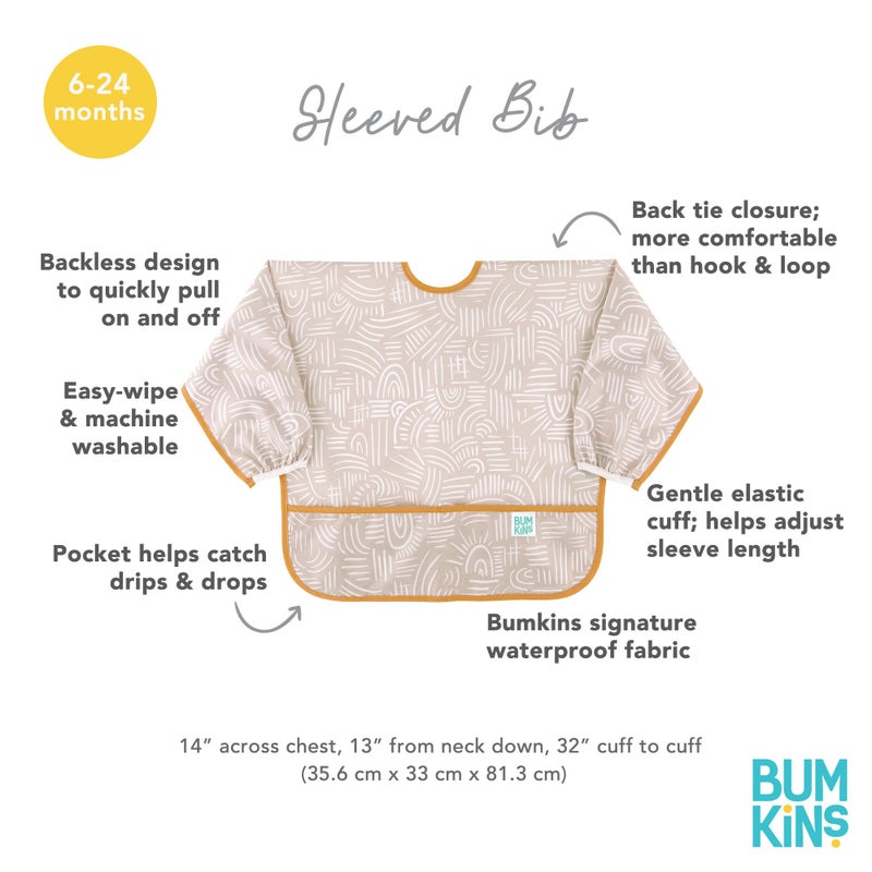 Bumkins Sleeved Bib for Girl or Boy, Baby and Toddler for 6-24 Mos, Essential Must Have for Eating, Feeding, Baby Led Weaning Supplies, Long Sleeve Mess Saving Food Catcher, Soft Fabric, Boho Beige - Image 5