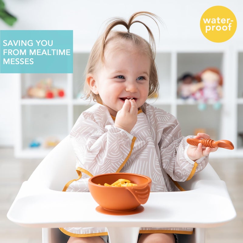 Bumkins Sleeved Bib for Girl or Boy, Baby and Toddler for 6-24 Mos, Essential Must Have for Eating, Feeding, Baby Led Weaning Supplies, Long Sleeve Mess Saving Food Catcher, Soft Fabric, Boho Beige - Image 2