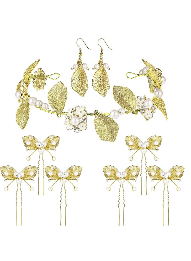 SYOSI 9 Pieces Greek Costume Accessories Set for Women Girls Gold Greek Jewelry Greek Leaf Hair Pins Clips Crown Earrings Golden Hair Vine Headband for Women Halloween Wedding Party - Image 1