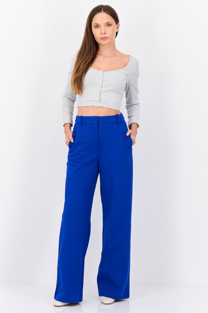 ESPRIT Women Regular Fit Textured Straight Leg Pants, Dark Blue - Image 4