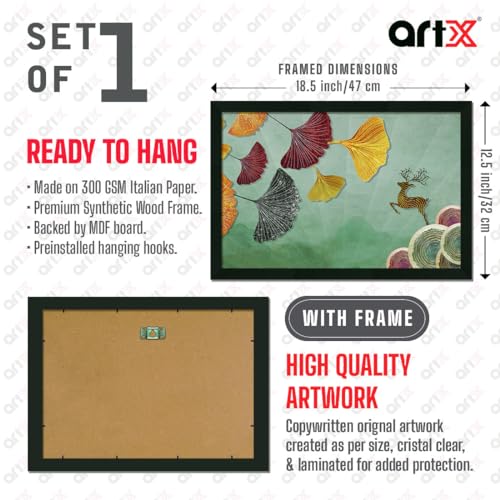 ArtX Paper Vastu Deer Floral Wall Decor Paintings with Frame for Home Decoration - Painting for Living Room - Framed Painting for Wall Decoration, 12.0 X 18.0 inches, Set Of 1 - Image 2