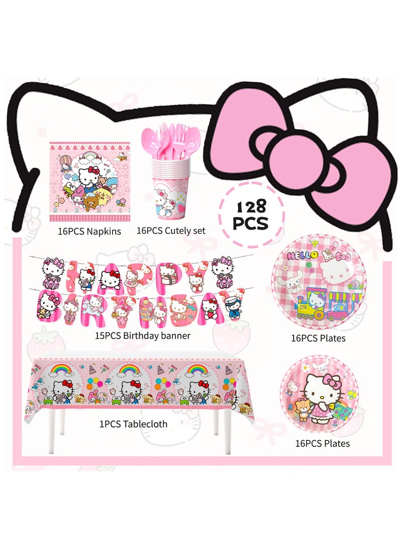 حفلة مثمرة زينة حفلة عيد ميلاد هالو كيتي لـ 16 ضيفًا، مجموعة أدوات مائدة حفلة هالو كيتي بما في ذلك مفرش طاولة هالو كيتي وأطباق ومناديل وأكواب لزينة حفلة عيد ميلاد هالو كيتي - Image 2