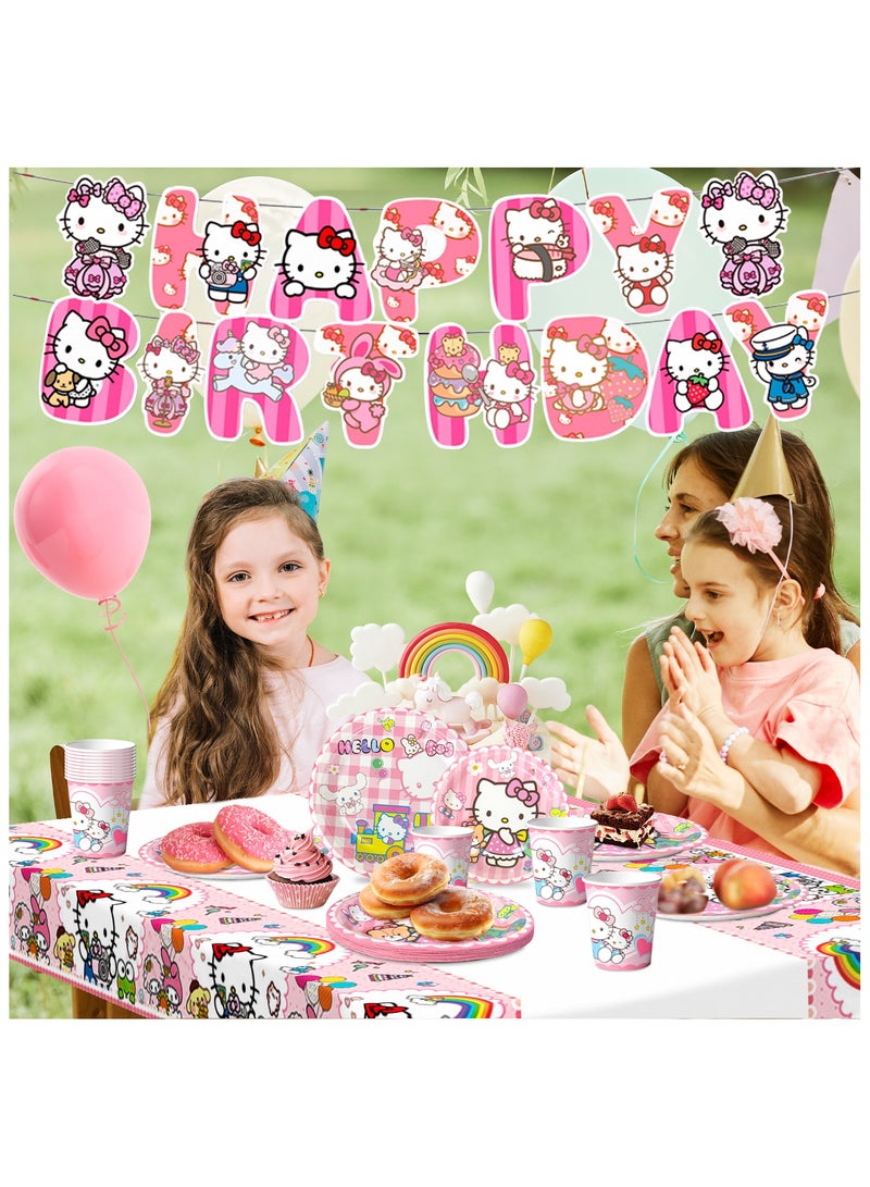 حفلة مثمرة زينة حفلة عيد ميلاد هالو كيتي لـ 16 ضيفًا، مجموعة أدوات مائدة حفلة هالو كيتي بما في ذلك مفرش طاولة هالو كيتي وأطباق ومناديل وأكواب لزينة حفلة عيد ميلاد هالو كيتي - Image 4