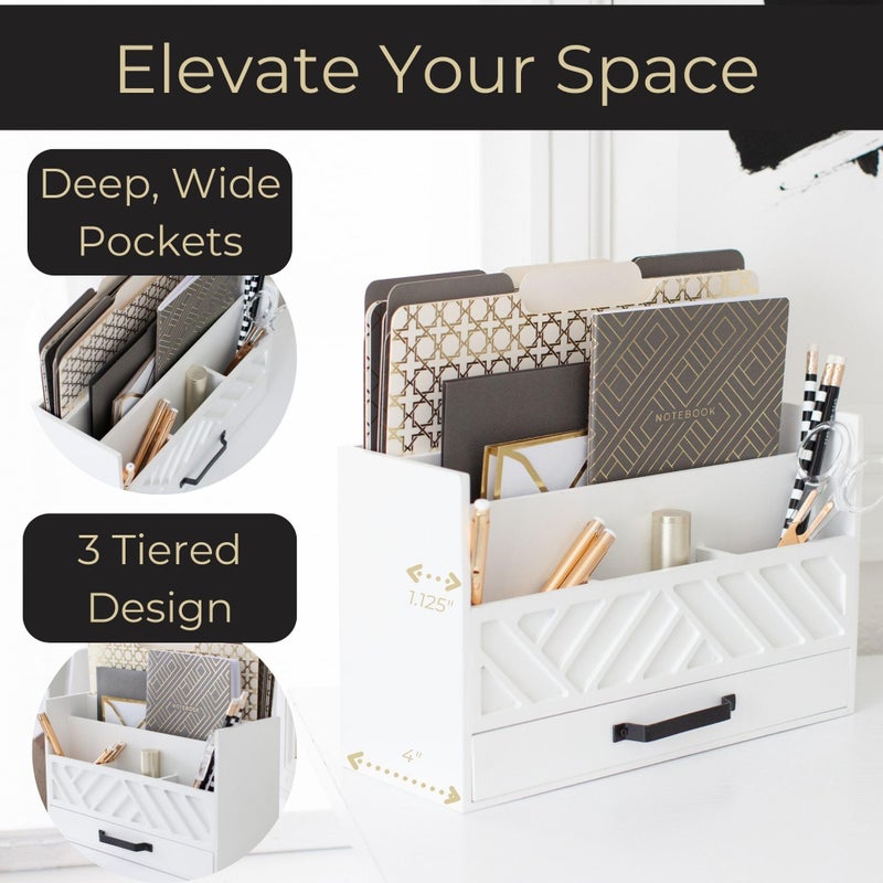 BLU MONACO | Wooden Mail Organizer with Drawer | Mail Organizer Wood Desktop Storage | Tabletop Organizer with Drawers White Farmhouse Desk Sorter - Image 3