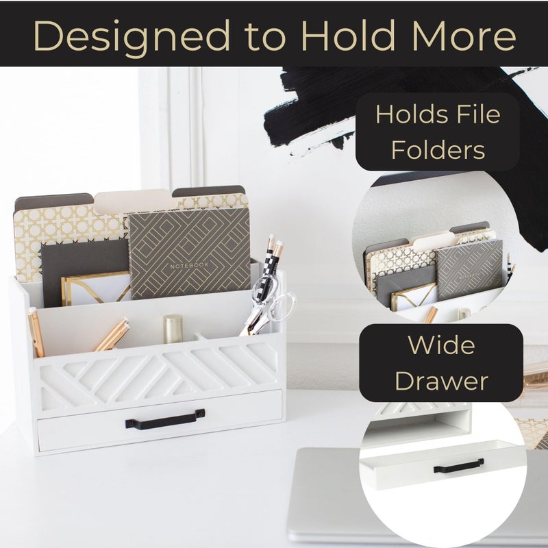 BLU MONACO | Wooden Mail Organizer with Drawer | Mail Organizer Wood Desktop Storage | Tabletop Organizer with Drawers White Farmhouse Desk Sorter - Image 4