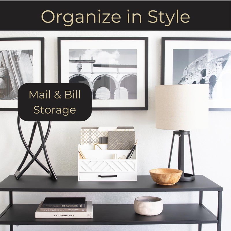 BLU MONACO | Wooden Mail Organizer with Drawer | Mail Organizer Wood Desktop Storage | Tabletop Organizer with Drawers White Farmhouse Desk Sorter - Image 2