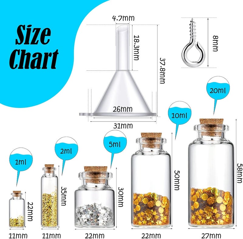 Geiserailie زجاجات صغيرة شفافة من جيزرالي 45 قطعة مع أغطية من الفلين، برطمانات أمنيات صغيرة، زجاجات صغيرة مع 50 برغي عين و3 قمع لحفلات الزفاف، هدايا، حرف يدوية، ديكور، 5 أحجام - Image 2