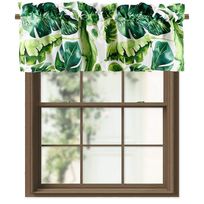 GREEN MONSTERA LEAVES KITCHEN VALANCES FOR WINDOWS TROPICAL PLANT ROD POCKET 52X18 CURTAIN VALANCES FOR CAFE LIVING ROOM BATH ROOM 1 PANEL